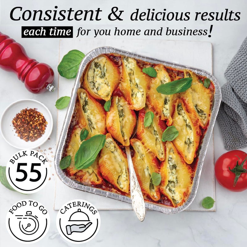 Spare Essentials 8x8 Foil Pans (55 Pack) - 8 Inch Square Aluminum Pans - Disposable Baking Pans for Heating, Prepping Food & Baking Cakes - Aluminum Baking Pans Disposable - 8 x 8 Baking Pan - Bottom: 6.5x6.5 - Image 4